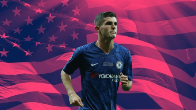 Football player Christian Pulisic playing for Chelsea FC, superimposed on the flag of the United States of America.