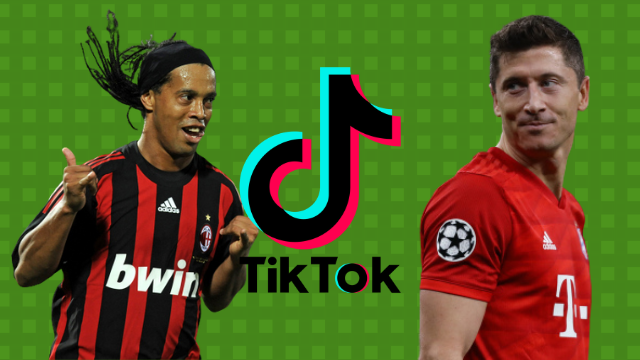 Footballers Ronaldinho and Robert Lewandowski, alongside the TikTok logo